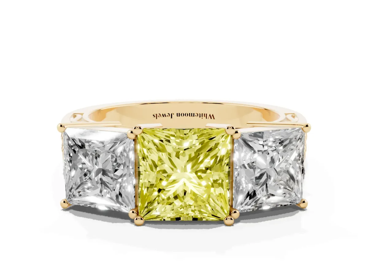 Fancy Yellow Princess Cut Diamond Three-Stone Ring with Prong Setting and Textured Band Yellow gold