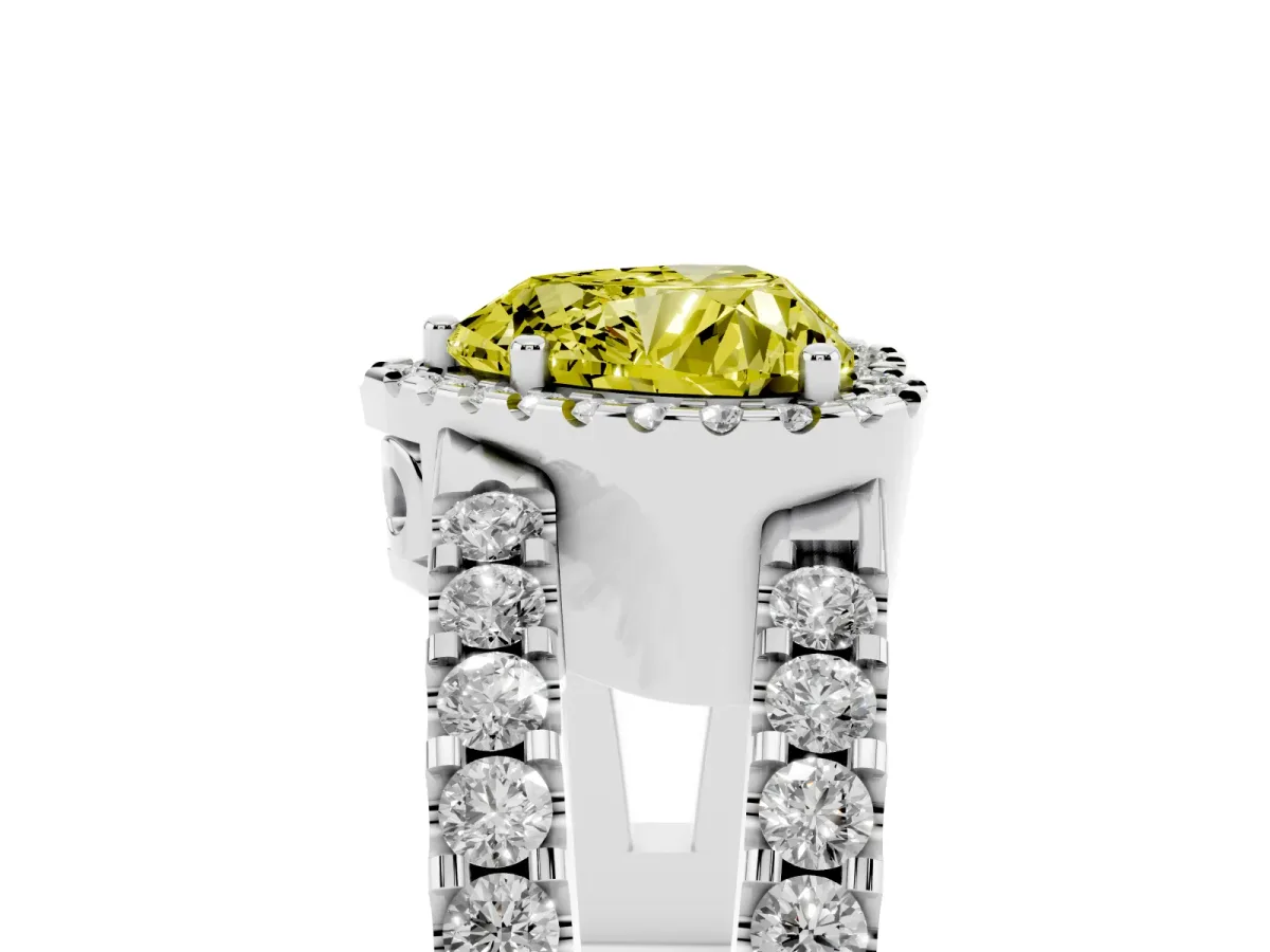 Fancy Yellow Heart Cut Cut Halo Split Shank Diamond Ring with Four-Prong Setting Silver