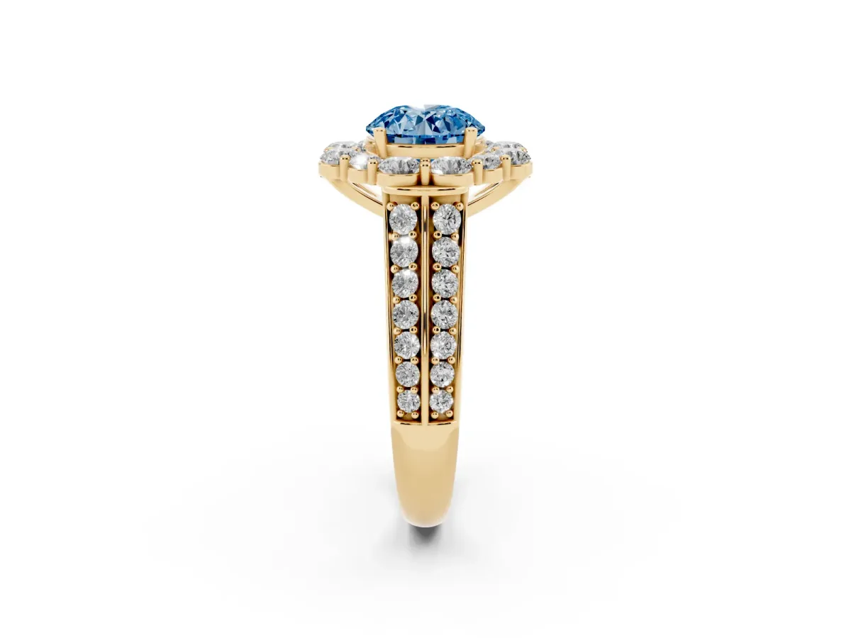 Fancy Blue Round Cut Halo Diamond Engagement Ring with Split Shank and Prong Setting Yellow gold