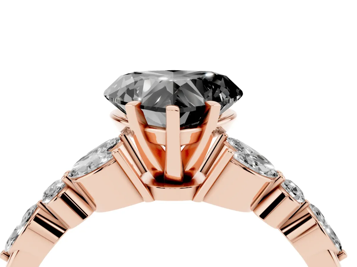 Fancy Black Heart Cut Diamond Solitaire Ring with Side Stones and Four-Prong Setting Rose gold