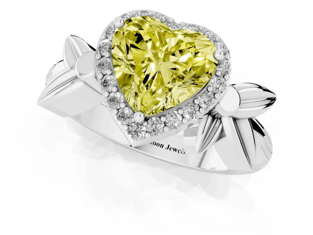 Fancy Yellow Heart Cut Halo Diamond Floral Band with Four-Prong Setting Platinum