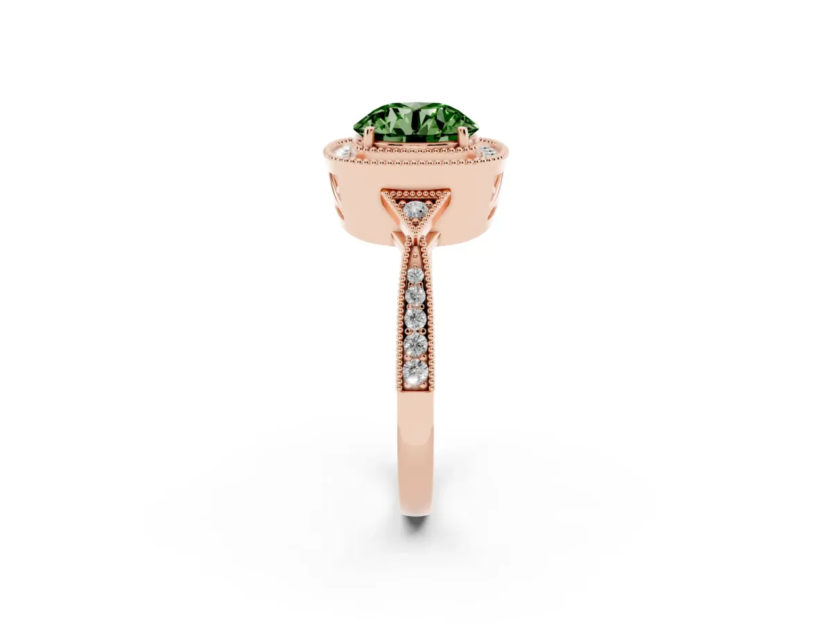 Fancy Green Round Cut Halo Round Diamond Milgrain Pave Engagement Ring Rose gold