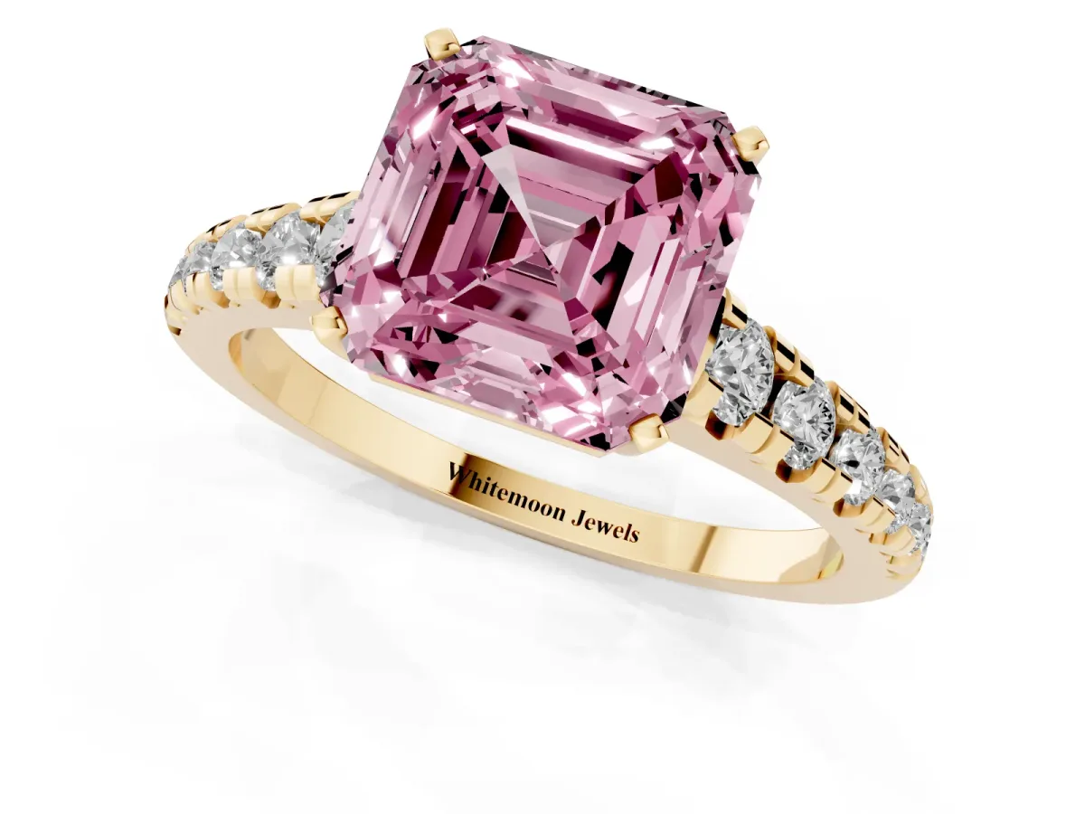 Fancy Pink Asscher Cut Diamond Cathedral Solitaire Ring with Round Pavé Band Yellow gold