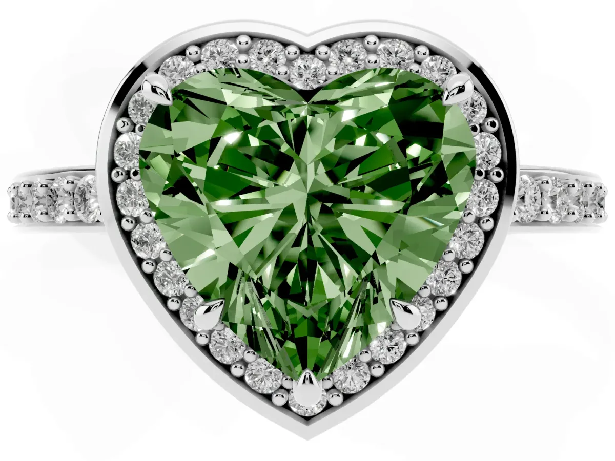 Fancy Green Heart Cut Halo Pave Band Solitaire Ring with Prong Setting White gold