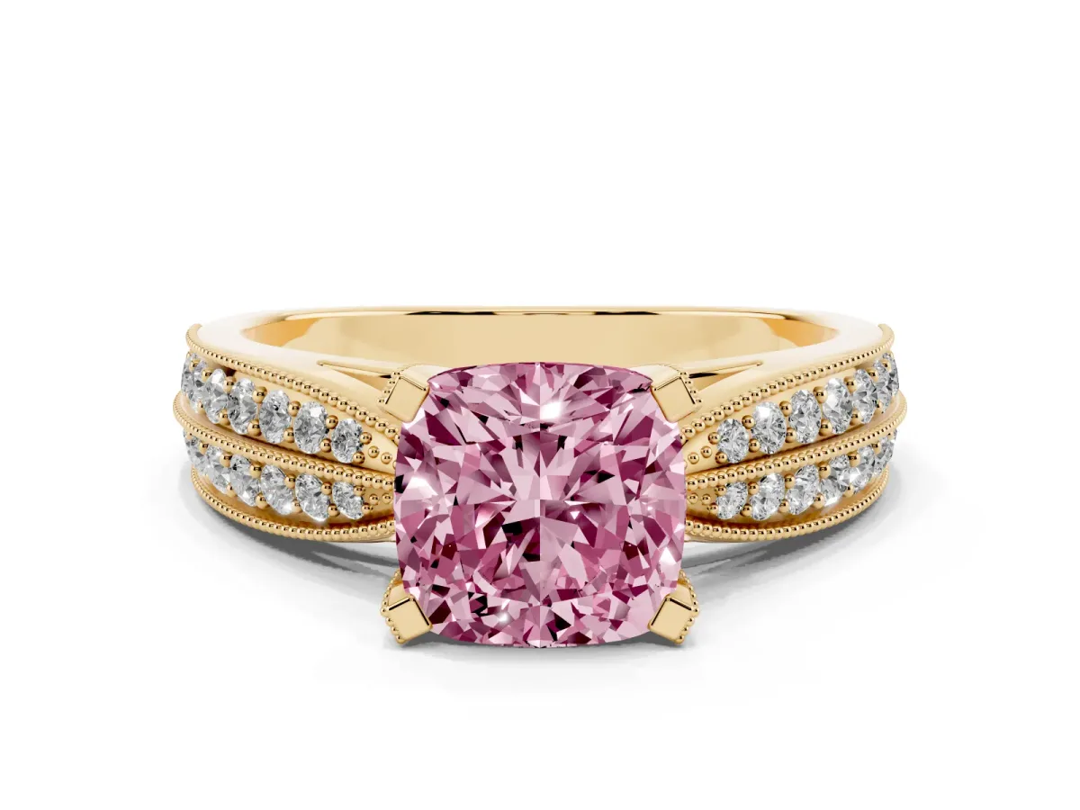 Fancy Pink Cushion Cut Diamond Solitaire Ring with Milgrain Round Pavé Band and Prong Setting Yellow gold