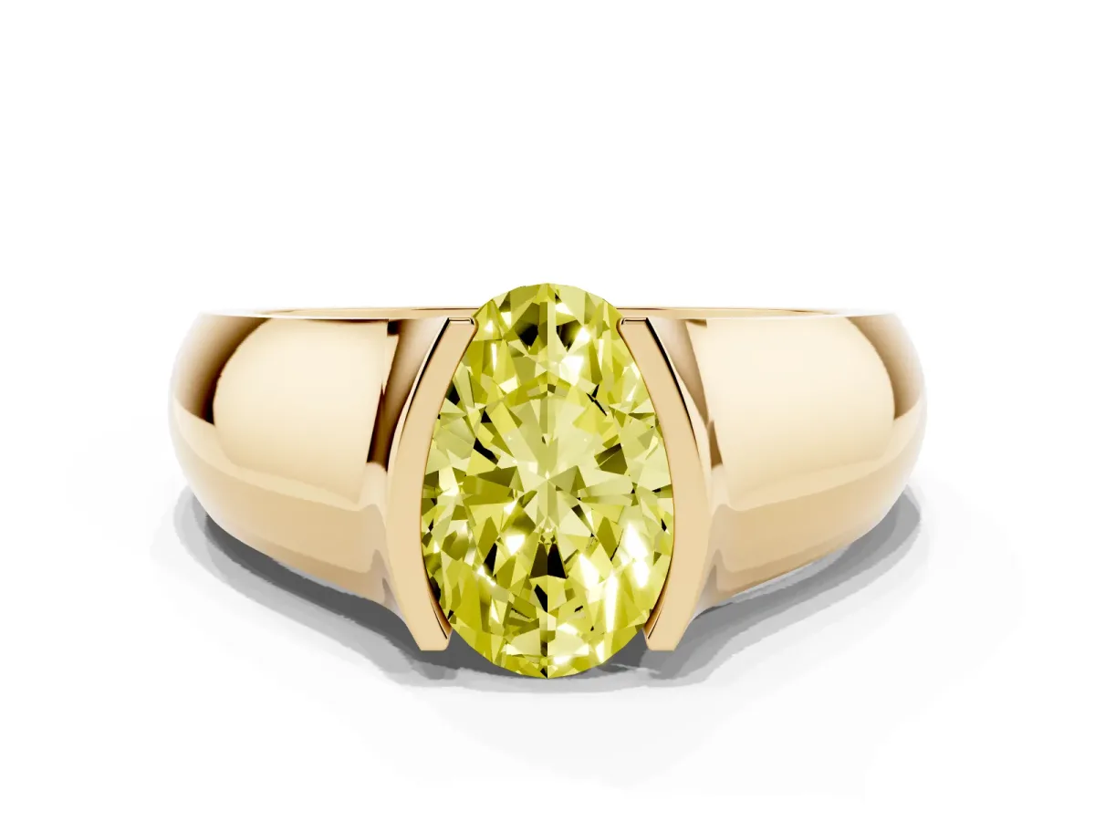 Fancy Yellow Oval Cut Solitaire Bezel Set Diamond Ring with Wide Band Yellow gold
