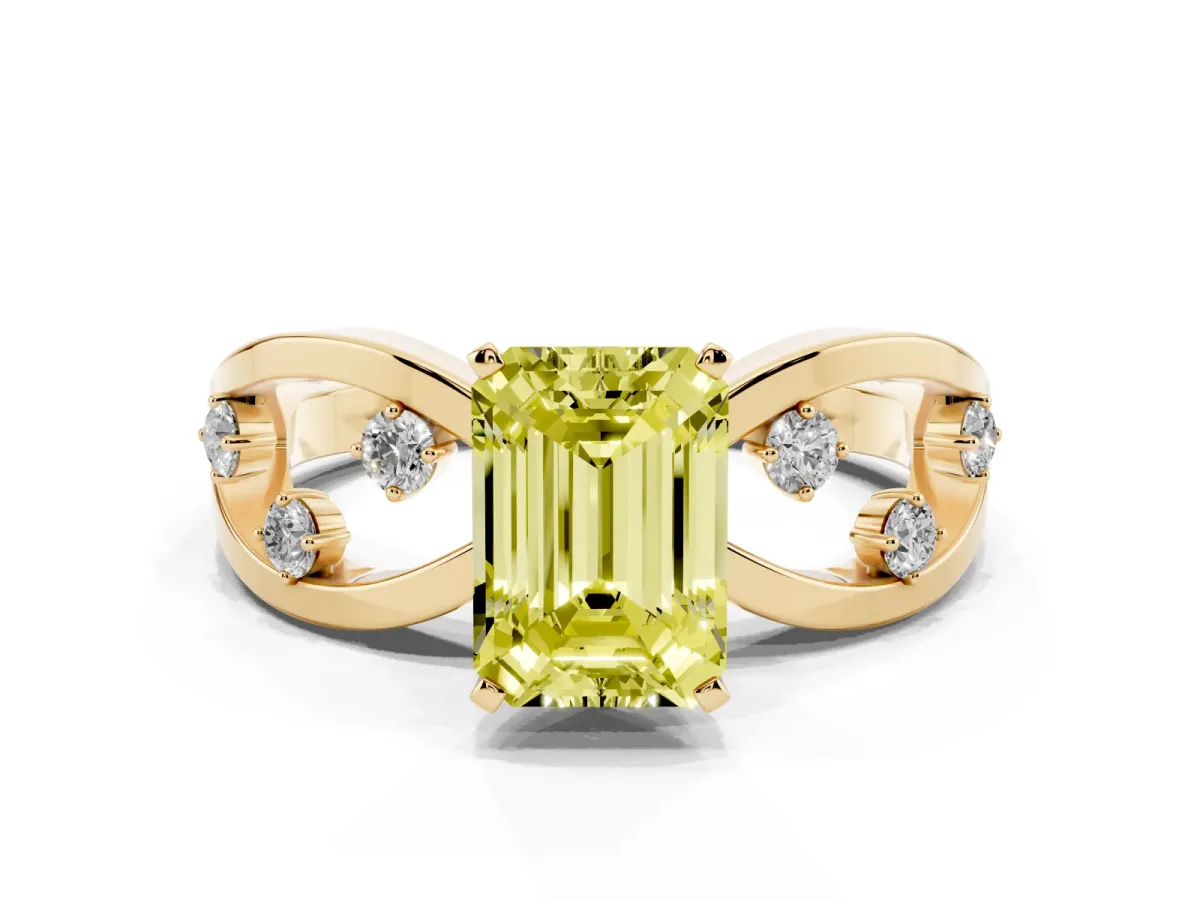 Fancy Yellow Emerald Cut Cut Solitaire Diamond with Side Stones on Criss-Cross Band and Four-Prong Setting Yellow gold