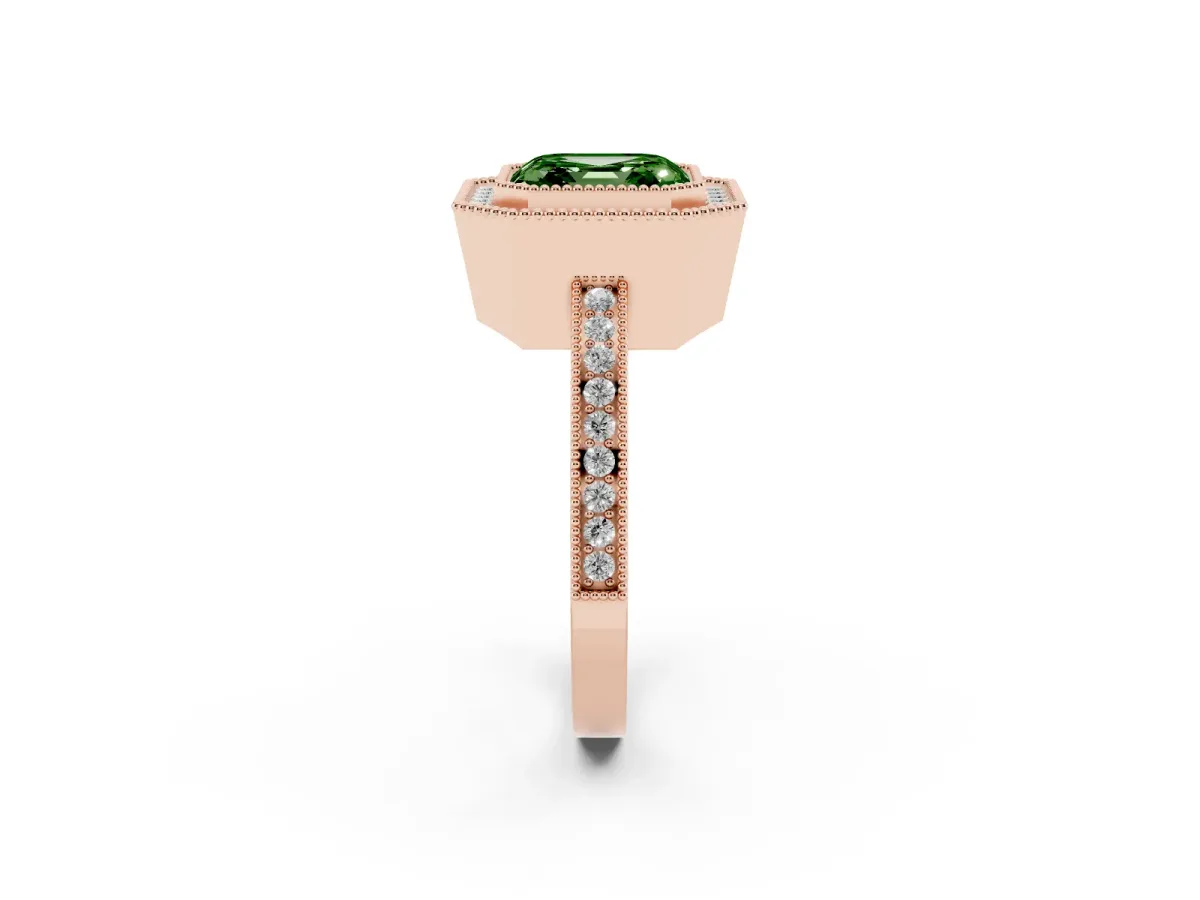 Fancy Green Asscher Cut Cut Halo Diamond Ring with Pavé Band and Milgrain Prong Setting Rose gold