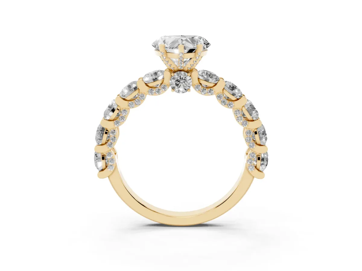 Heart Cut Diamond Side Stone Engagement Ring with Four-Prong Setting Yellow gold