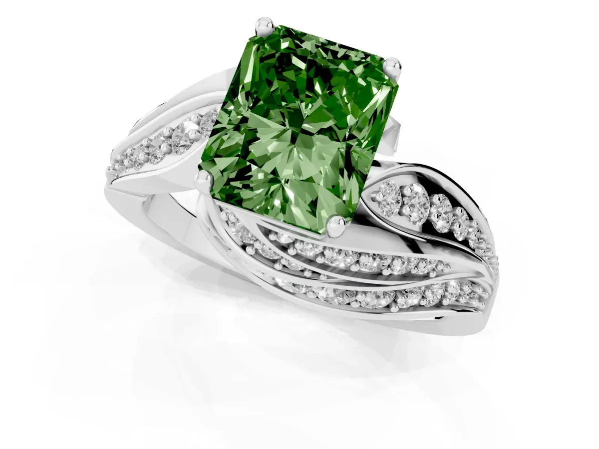 Fancy Green Radiant Cut Diamond Solitaire Ring with Prong Setting and Twisted Pavé Band Silver
