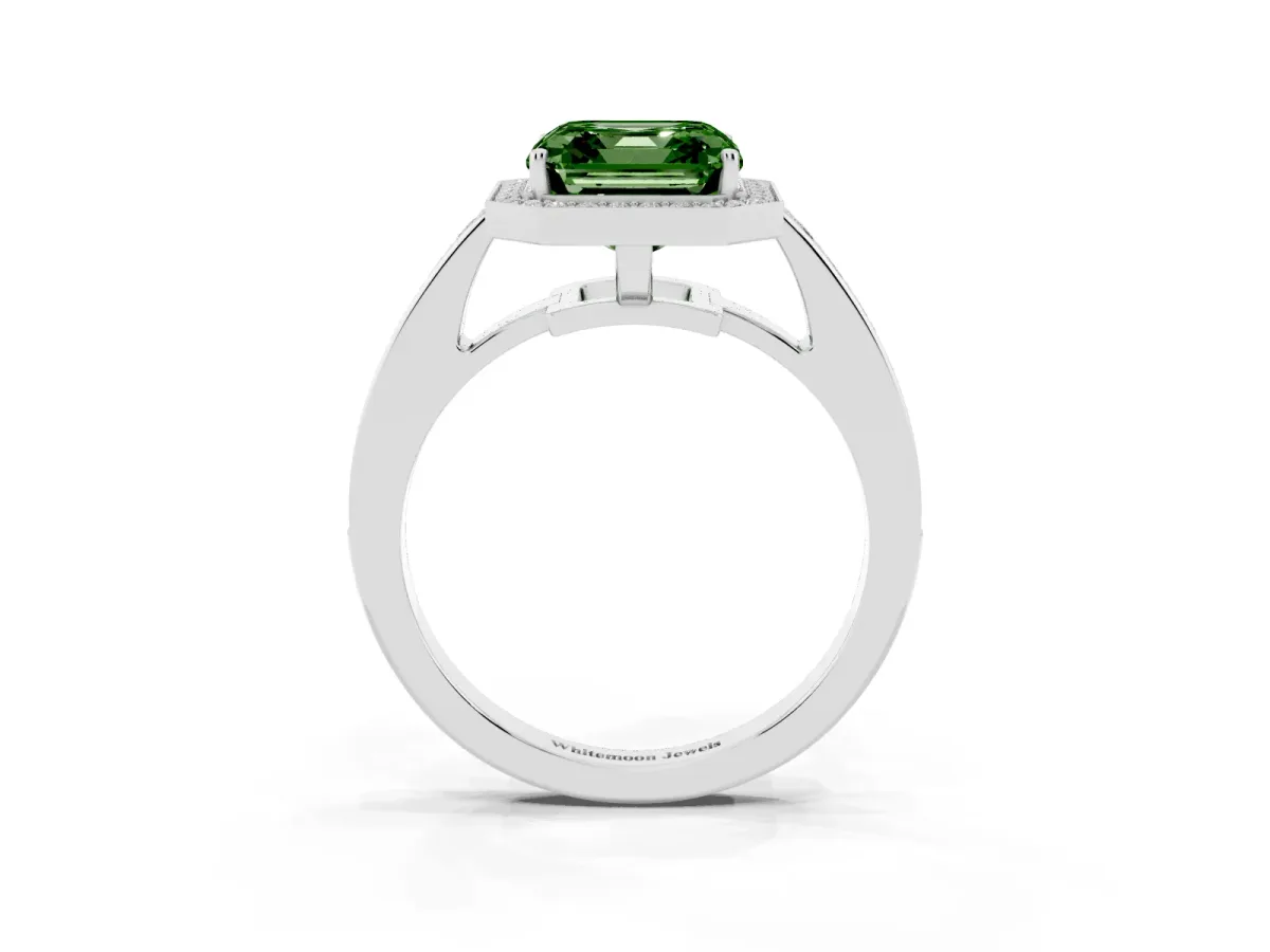 Fancy Green Asscher Cut Halo Pavé Diamond Engagement Ring with Bezel Setting Platinum