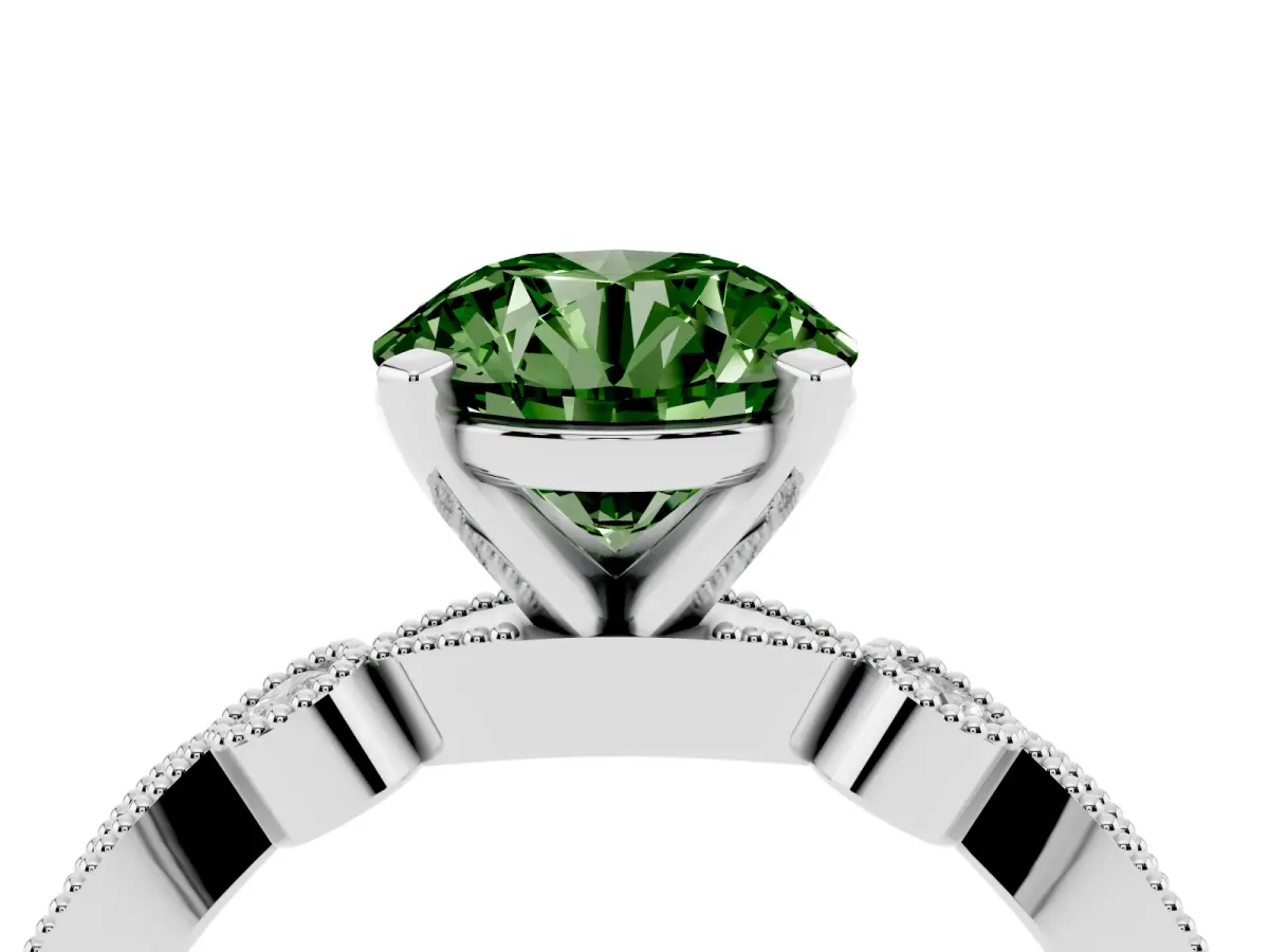 Fancy Green Round Cut Milgrain Bezel Diamond Engagement Ring with Solitaire Prong Setting Silver