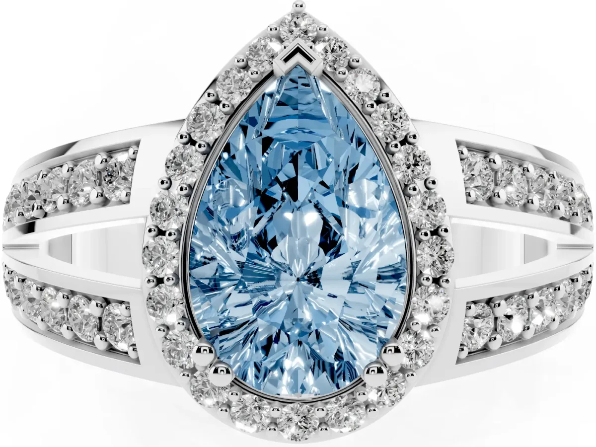 Fancy Blue Pear Cut Diamond Halo Ring with Split Shank Pavé Band and Four-Prong Setting White gold