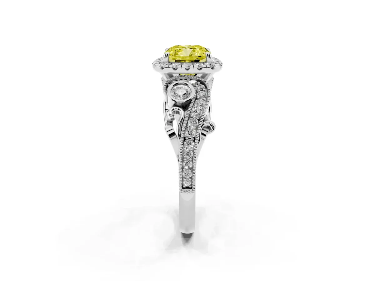 Fancy Yellow Cushion Cut Diamond Halo Ring with Milgrain Pavé Band and Four-Prong Setting Silver