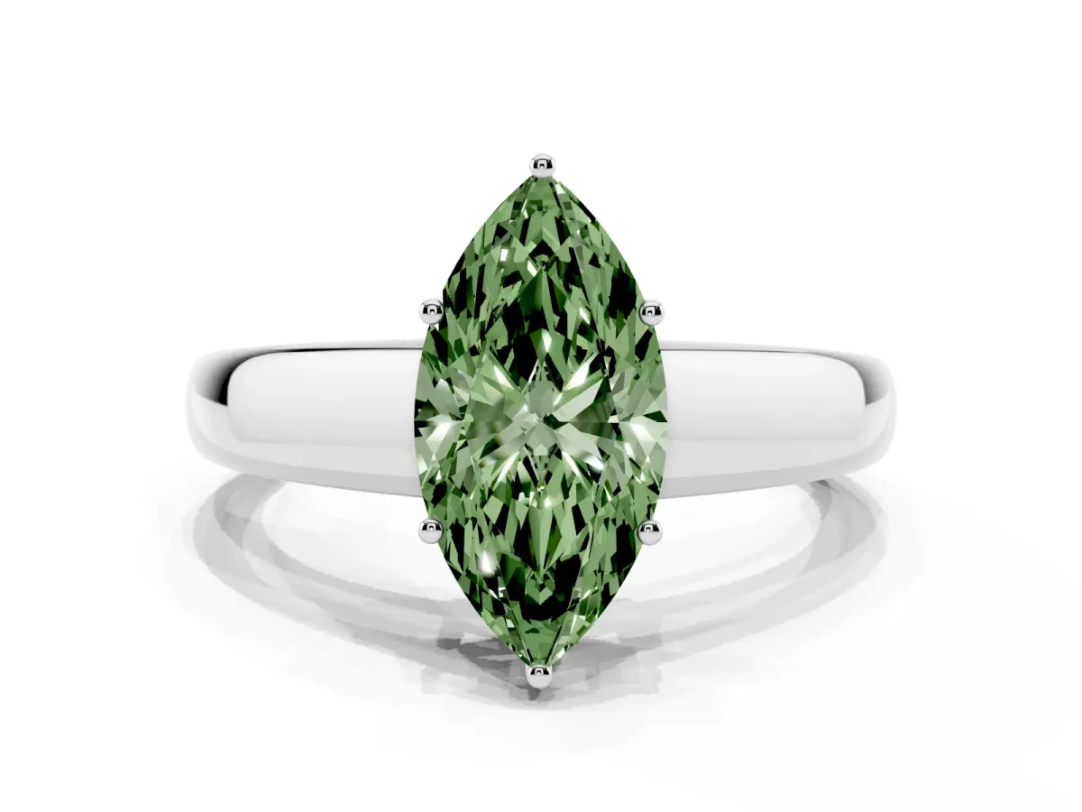 Fancy Green Marquise Cut Solitaire Diamond Ring with Tapered Band and Four-Prong Setting Platinum