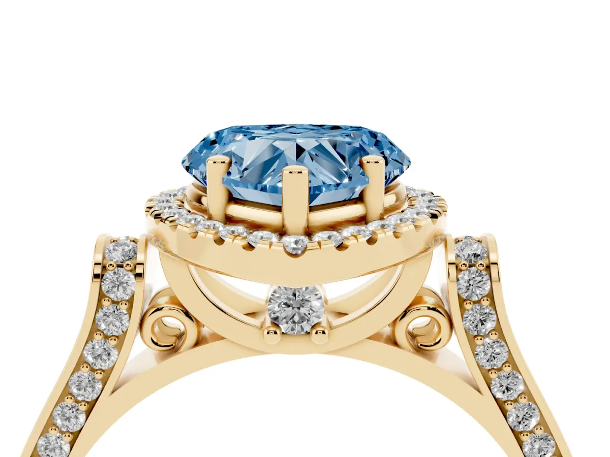 Fancy Blue Heart Cut Halo Pave Split Shank Prong Setting Ring Yellow gold