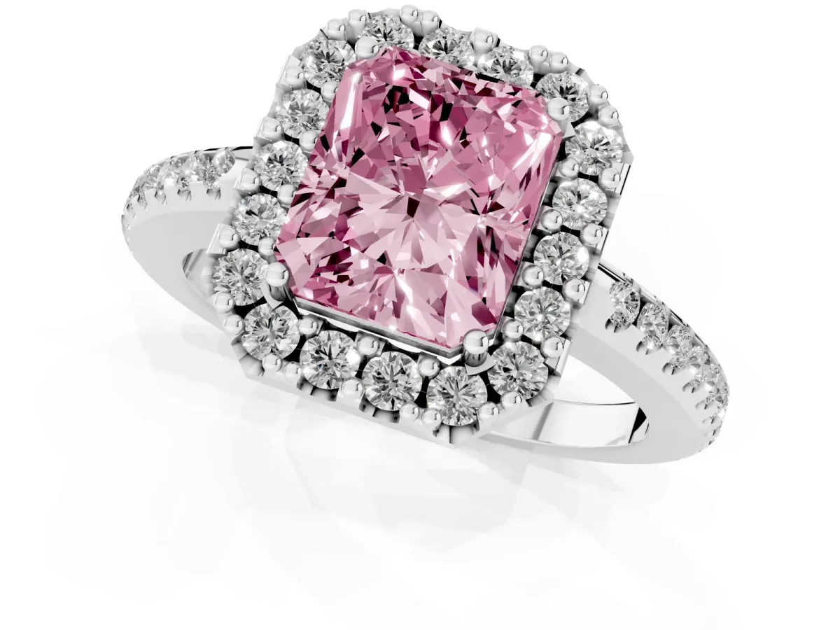 Fancy Pink Radiant Cut Diamond Pavé Halo Ring with Four-Prong Setting Silver