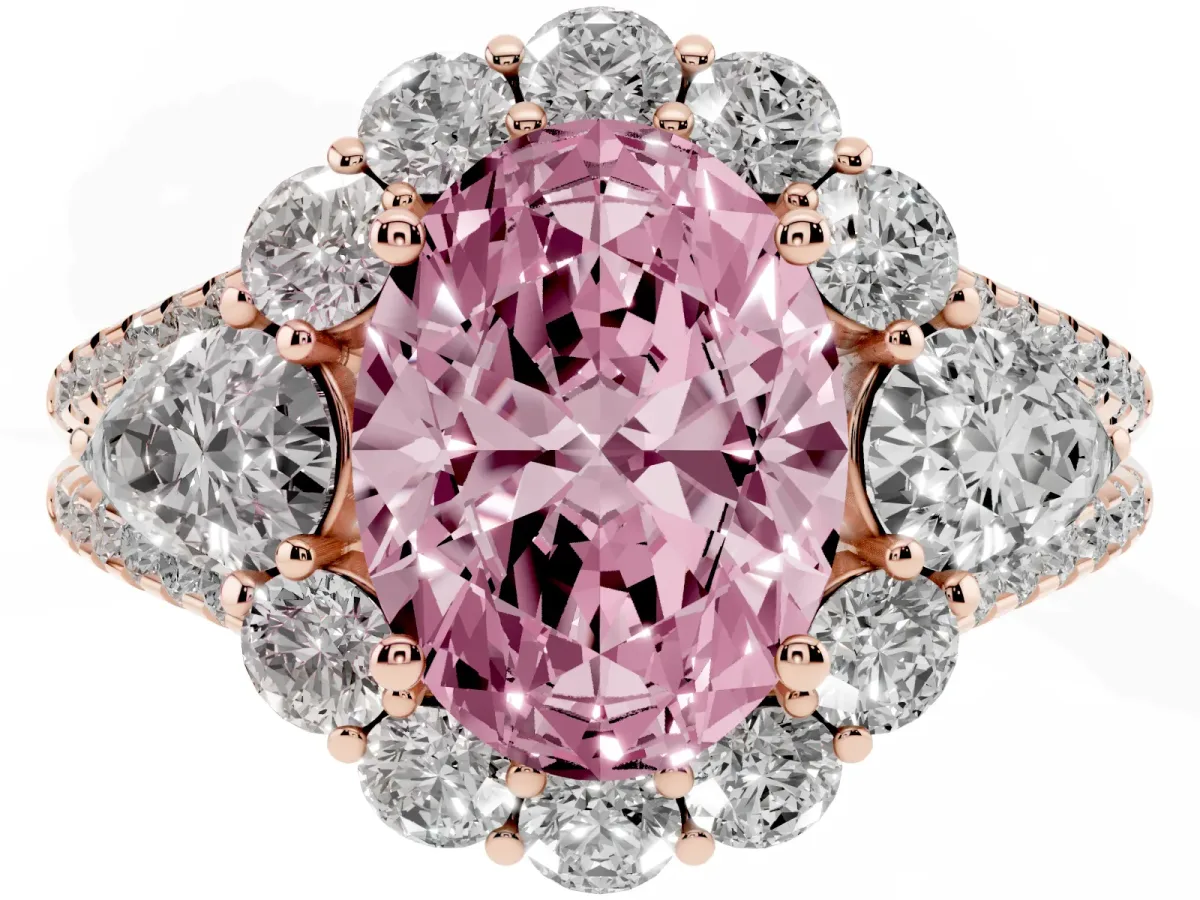 Fancy Pink Oval Cut Halo Split Shank Diamond Engagement Ring with Prong Setting Rose gold