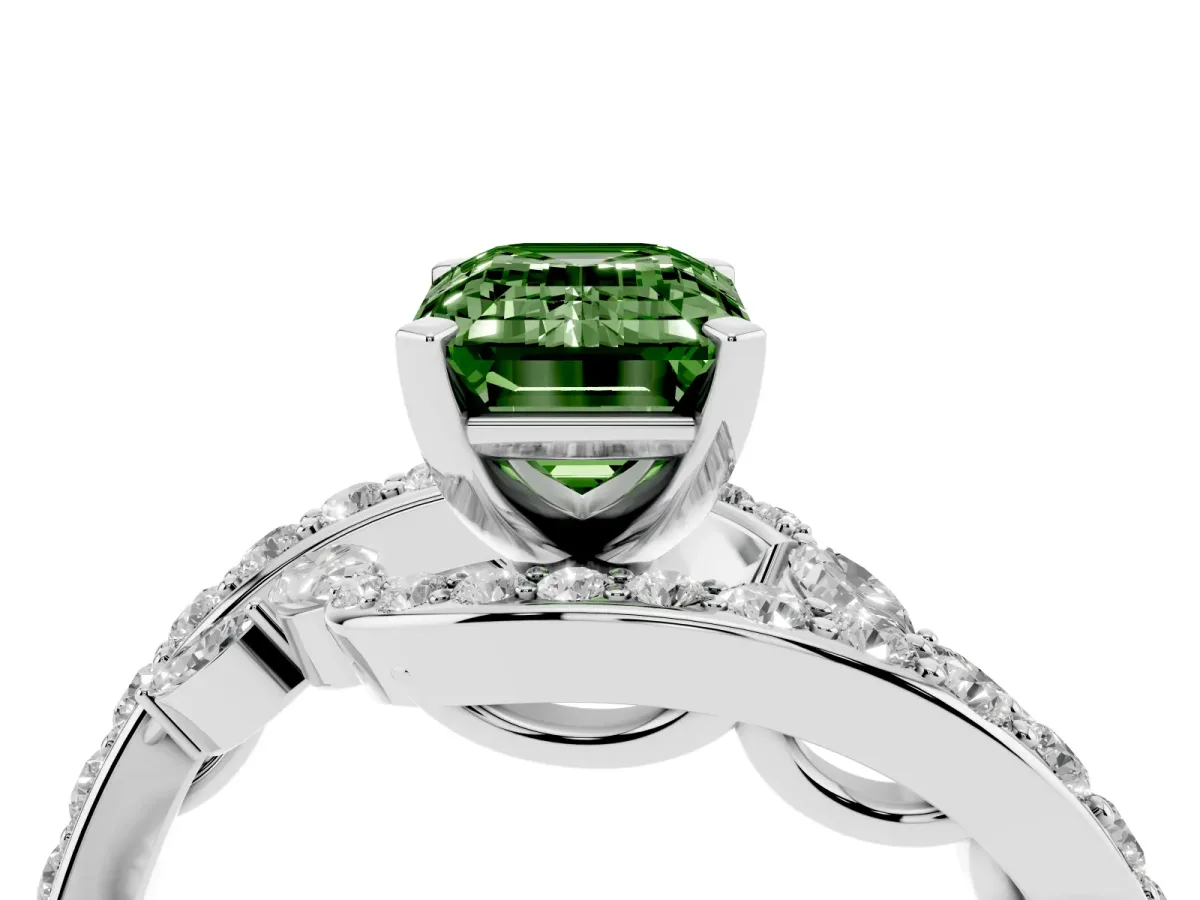 Fancy Green Emerald Cut Solitaire with Pavé Twist Band and Four-Prong Setting Silver