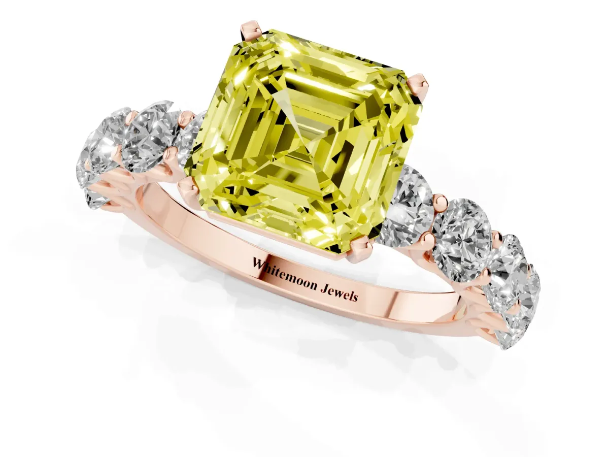 Fancy Yellow Asscher Cut Diamond Prong Setting with Side Stones on a Pave Band Rose gold