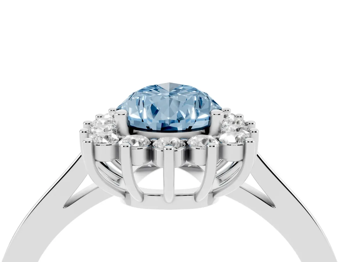 Fancy Blue Pear Cut Cut Diamond Halo Ring with Round Brilliant Halo and Solitaire Band Platinum