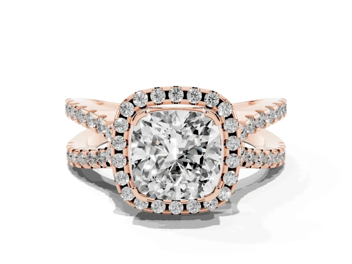 Cushion Cut Diamond Halo Ring with Split Shank Pavé Band and Prong Setting Rose gold