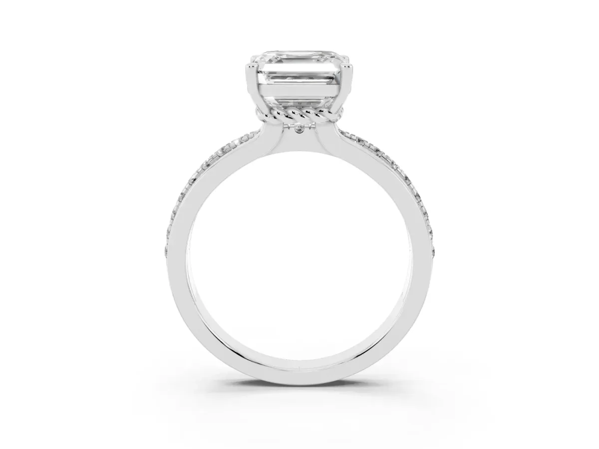 Asscher Cut Solitaire Diamond Ring with Channel Set Band and Six-Prong Setting Silver