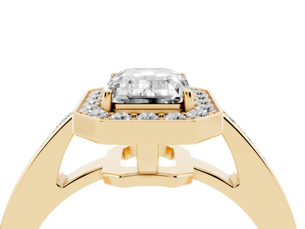 Emerald Cut Halo Pavé Diamond Engagement Ring with Bezel Setting Yellow gold