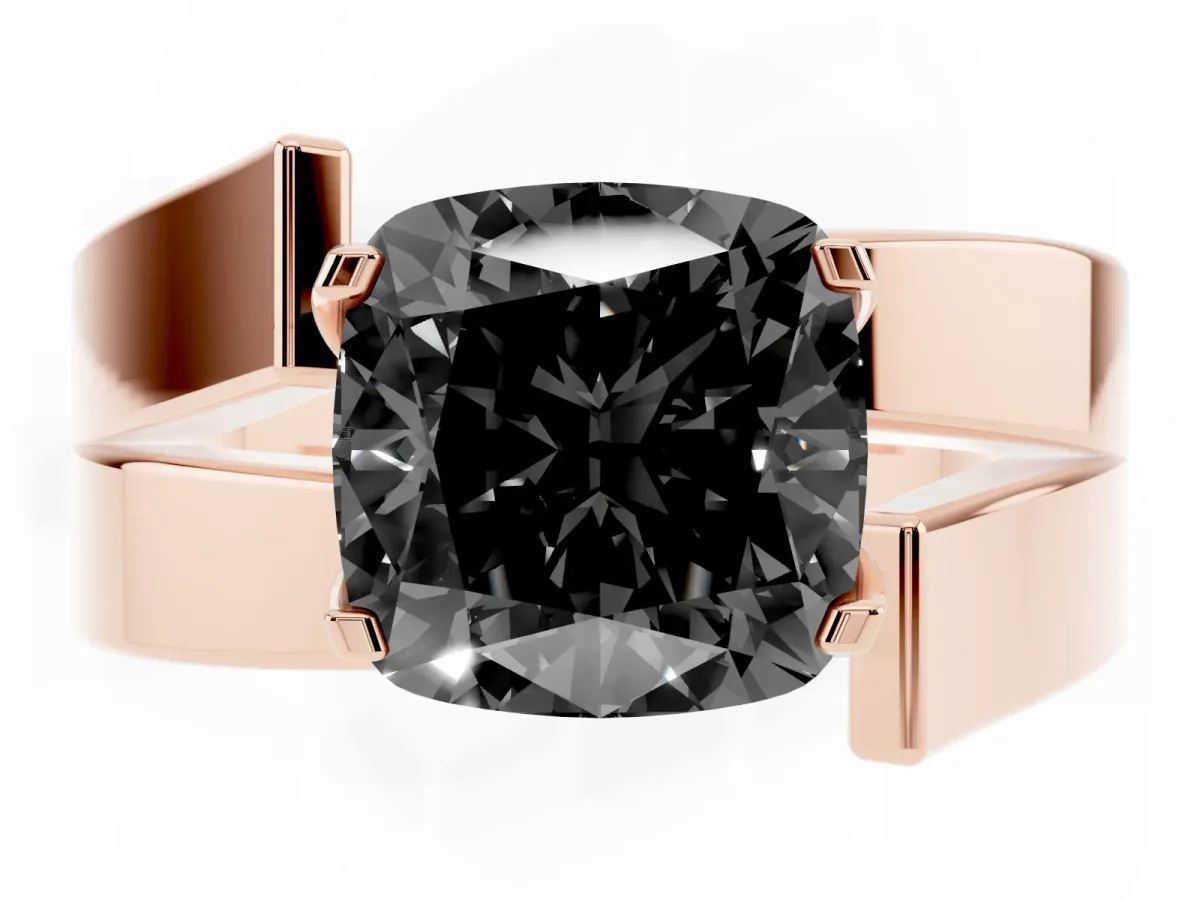 Fancy Black Modern Tension Set Cushion Cut Diamond Solitaire Wide Band Ring Rose gold