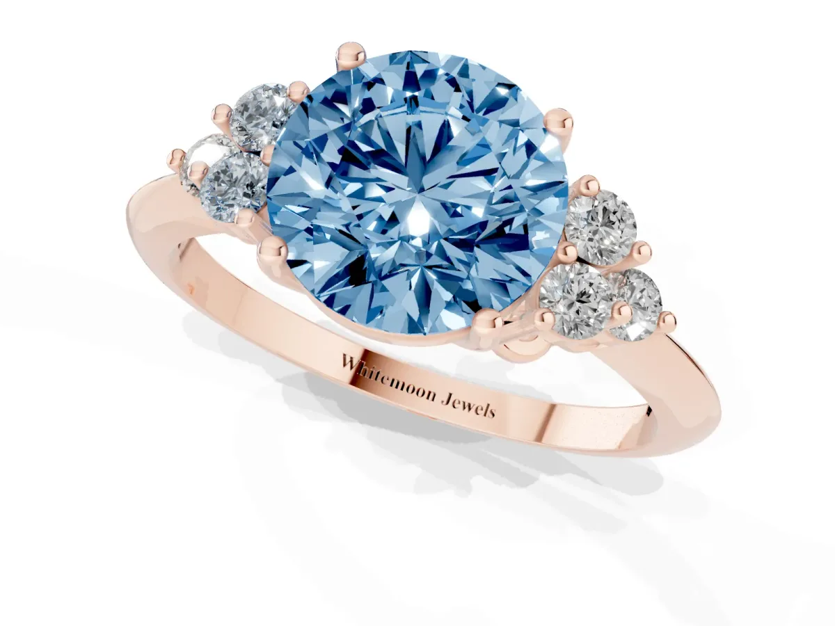 Fancy Blue Round Cut Cut Diamond Cluster Ring with Solitaire Band and Four-Prong Setting Rose gold
