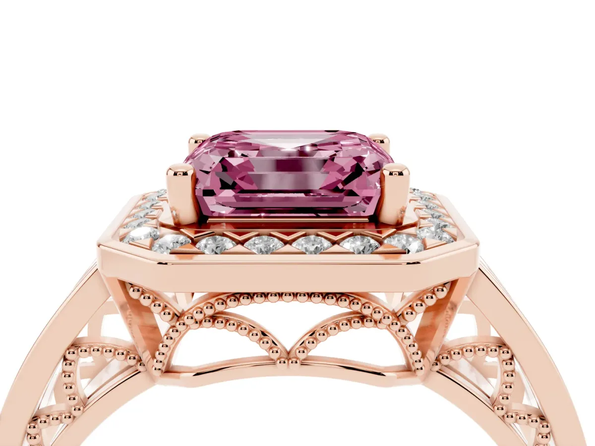Fancy Pink Asscher Cut Diamond Halo Ring with Split Shank and Bezel Accents and Prong Setting Rose gold