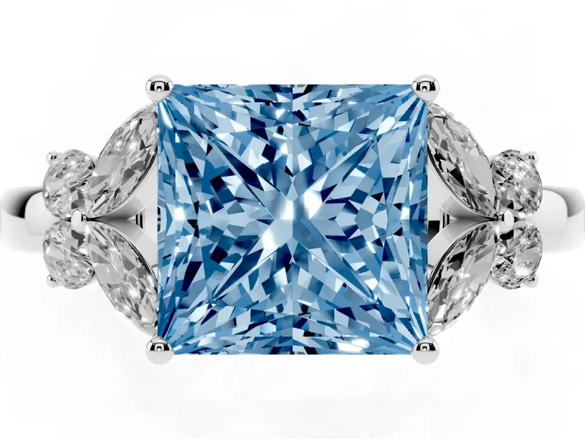 Fancy Blue Princess Cut Cut Solitaire Floral Diamond Ring with Four-Prong Setting Silver