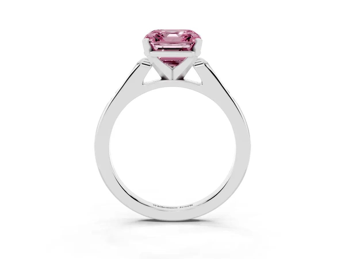 Fancy Pink Asscher Cut Diamond Solitaire Ring with Channel Set Round Band and Prong Setting Silver
