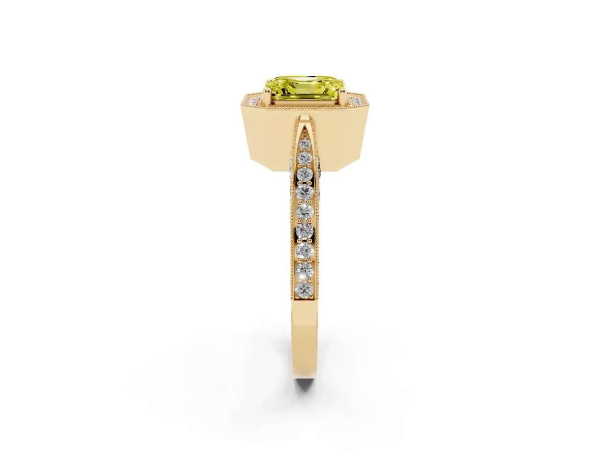 Fancy Yellow Asscher Cut Halo Diamond Engagement Ring with Split Shank Band and Four-Prong Setting Yellow gold