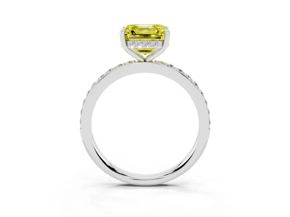 Fancy Yellow Asscher Cut Cut Diamond Pavé Band Ring with Four-Prong Setting Platinum