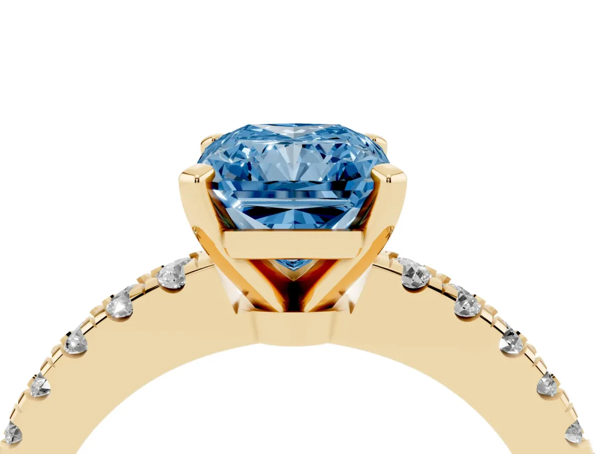 Fancy Blue Radiant Cut Solitaire Diamond with Pavé Band and Four-Prong Setting Yellow gold