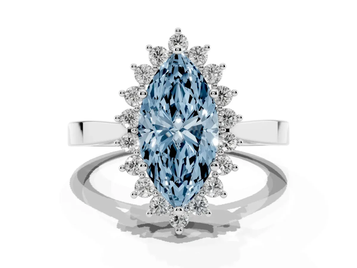Fancy Blue Marquise Cut Cut Diamond Halo Ring with Round Brilliant Halo and Solitaire Band White gold
