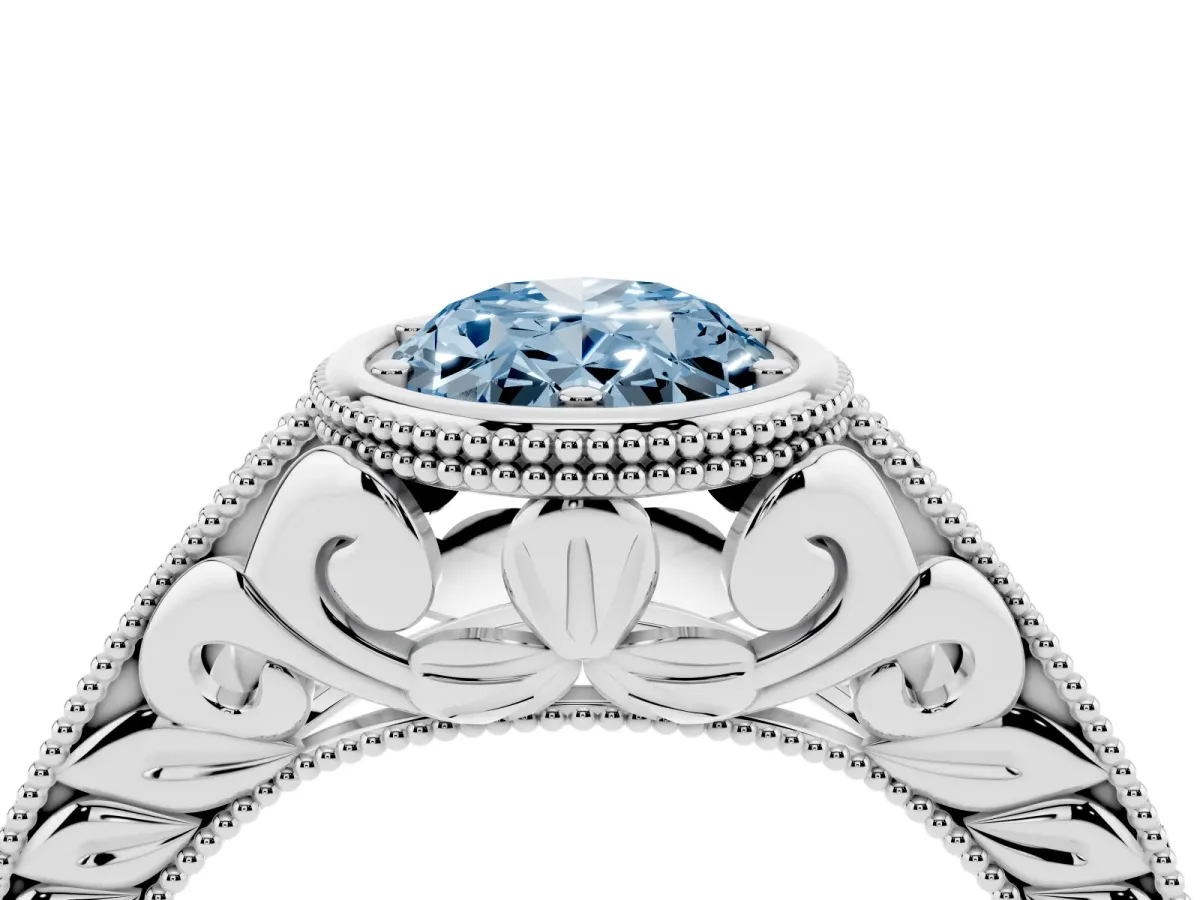 Fancy Blue Bezel Set Oval Cut Diamond Milgrain Pave Engagement Ring Silver