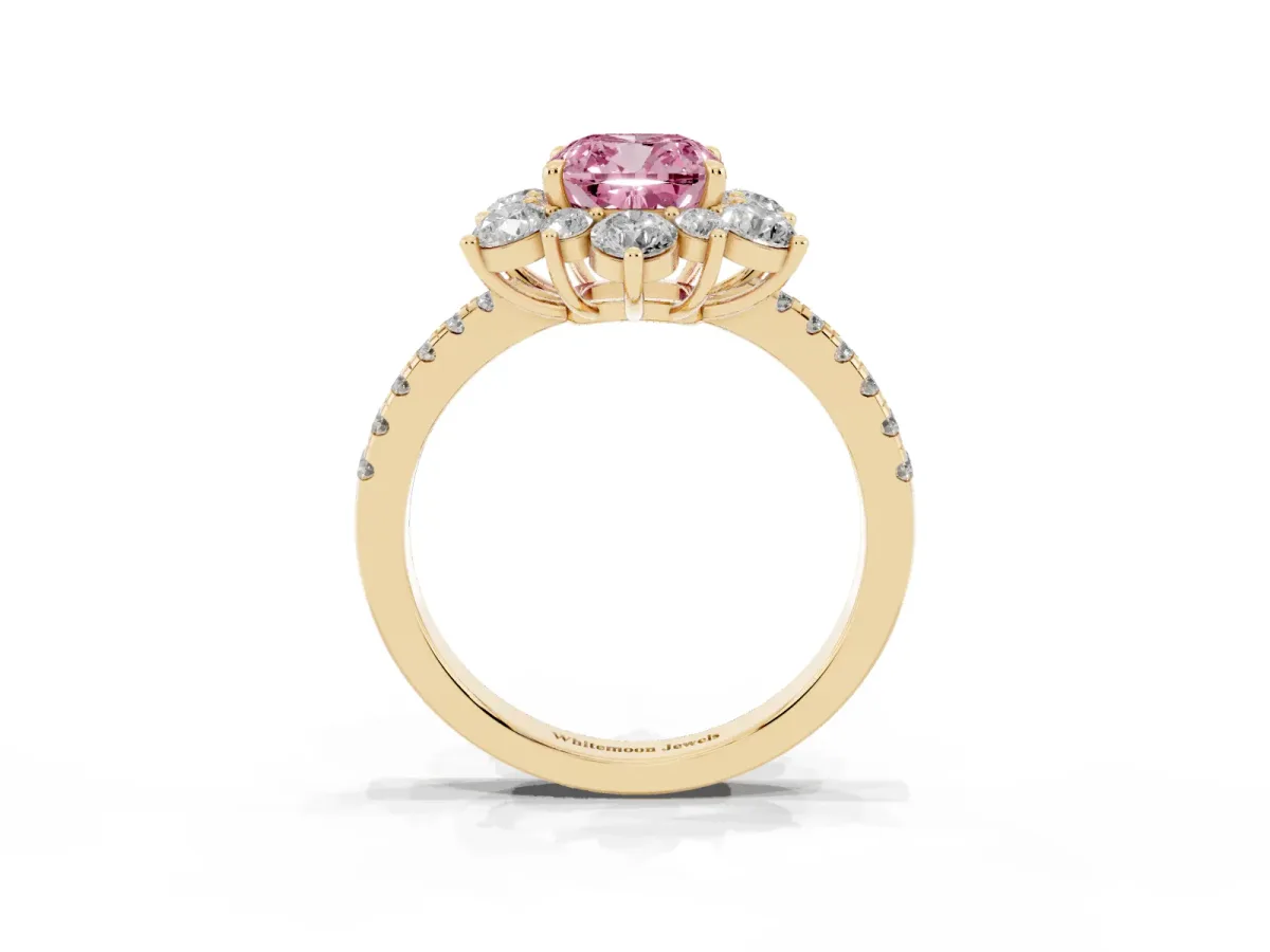 Fancy Pink Cushion Cut Diamond Floral Halo Ring with Round Pavé Band and Prong Setting Yellow gold