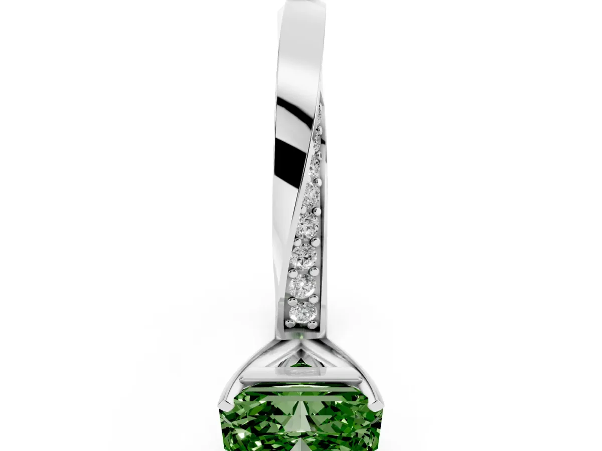 Fancy Green Radiant Cut Diamond Engagement Ring with Side Stone Accents and Four-Prong Setting Platinum