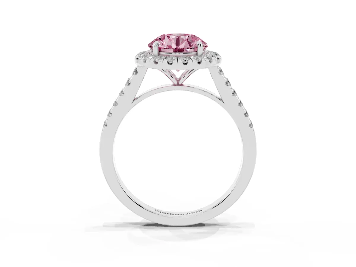 Fancy Pink Round Cut Halo Pave Diamond Engagement Ring with Four-Prong Setting Silver