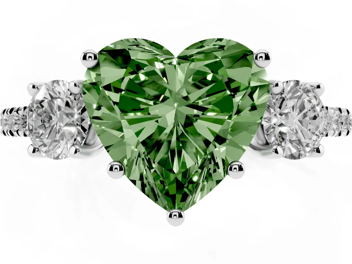 Fancy Green Three-Stone Heart Cut Cut Diamond Pavé Band with Prong Setting Silver