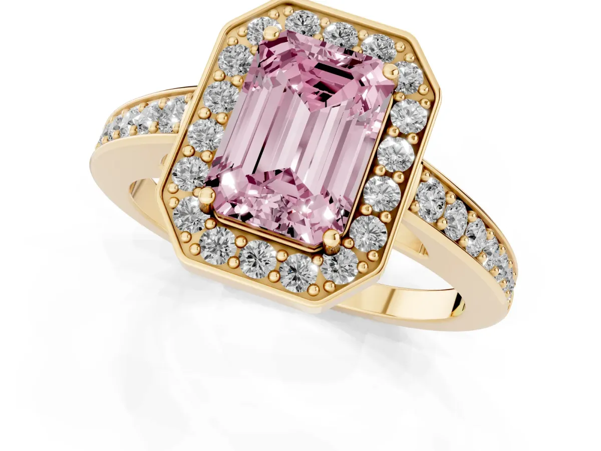 Fancy Pink Emerald Cut Halo Pavé Diamond Engagement Ring with Bezel Setting Yellow gold