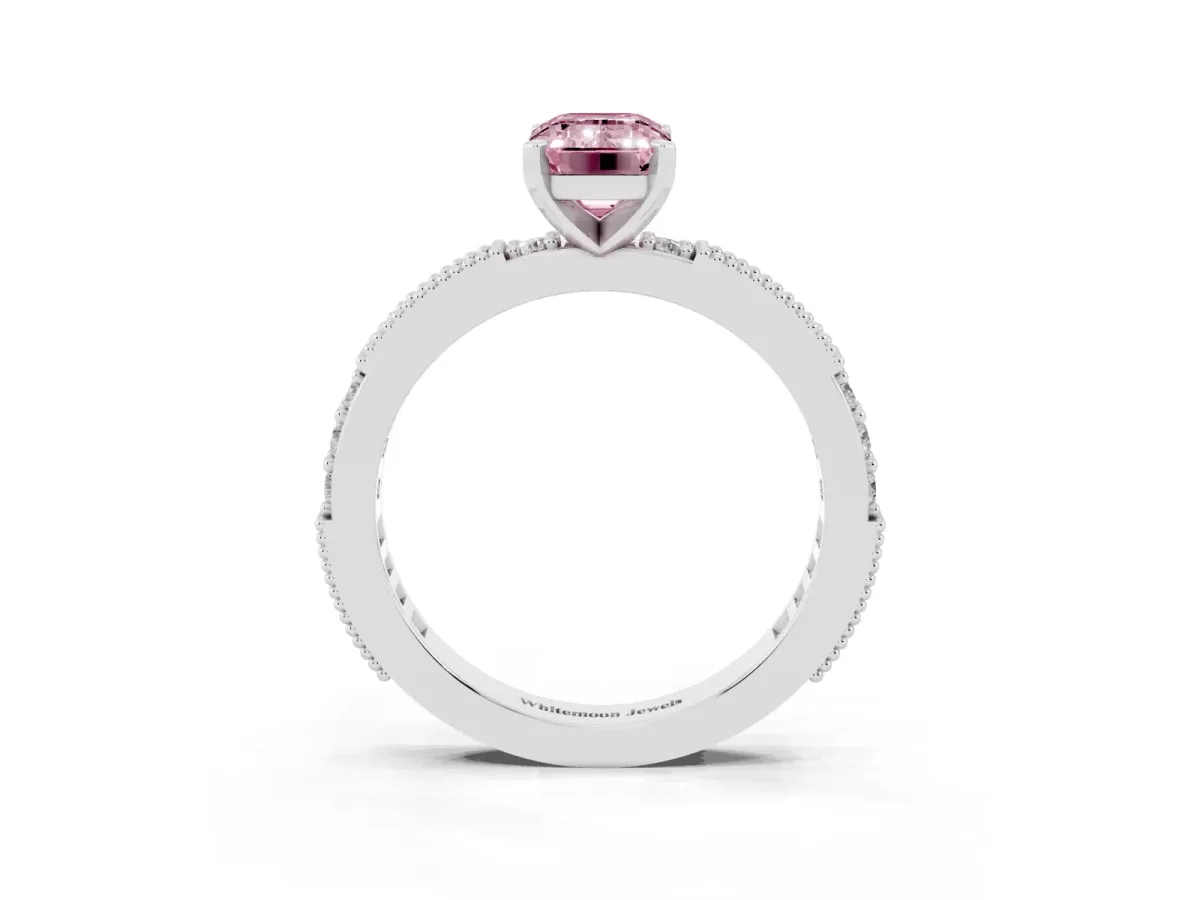 Fancy Pink Emerald Cut Solitaire with Pavé Band and Four-Prong Setting Silver