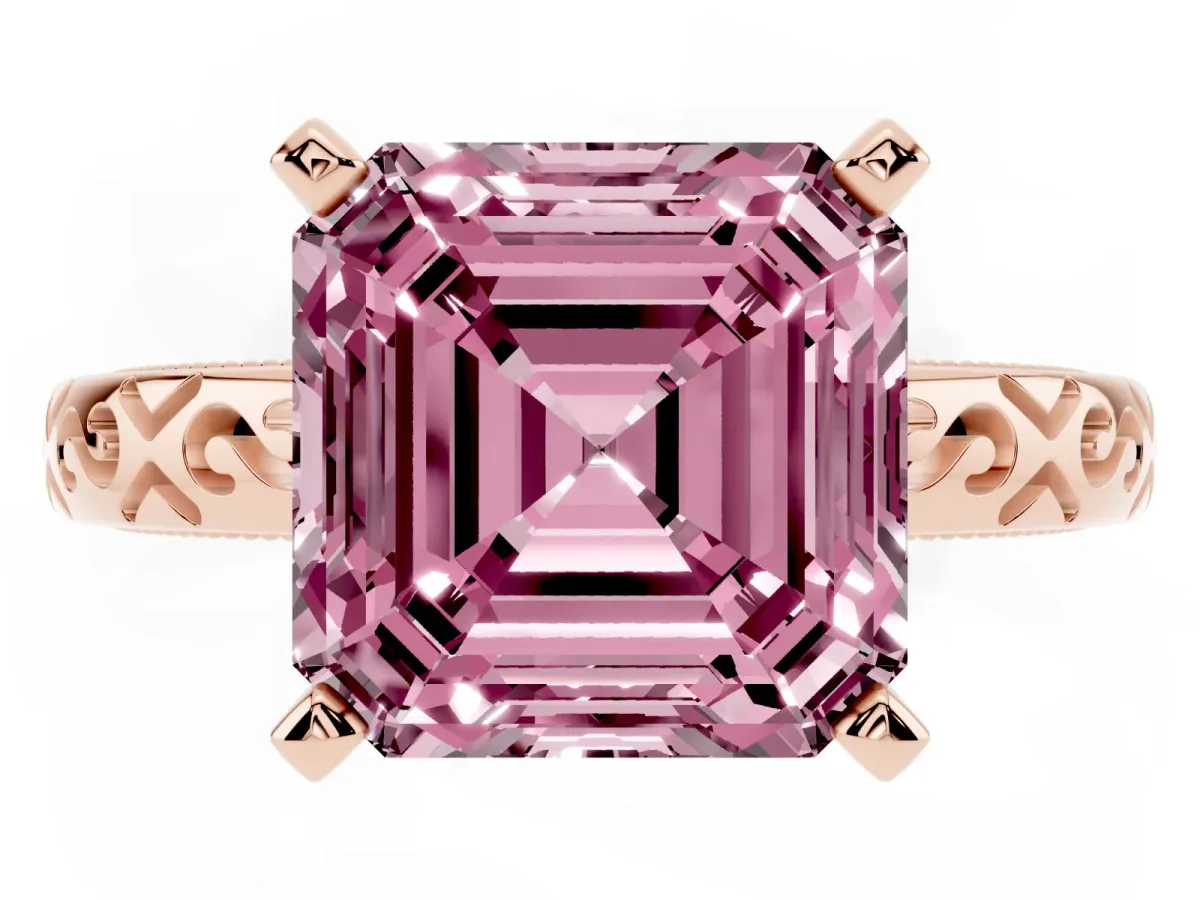 Fancy Pink Asscher Cut Solitaire Engagement Ring with Scrollwork Band and Four-Prong Setting Rose gold