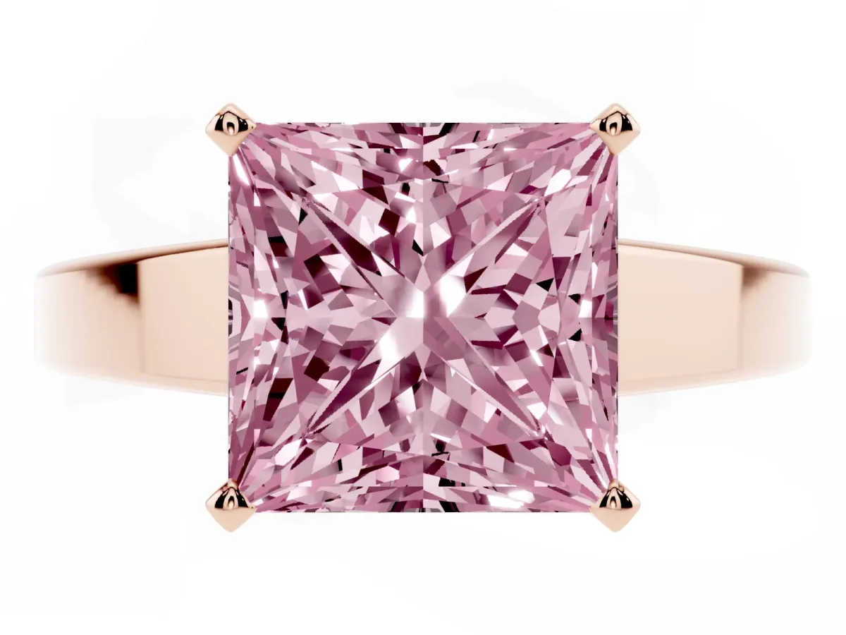 Fancy Pink Princess Cut Solitaire Engagement Ring with Four-Prong Setting and Tapered Band Rose gold