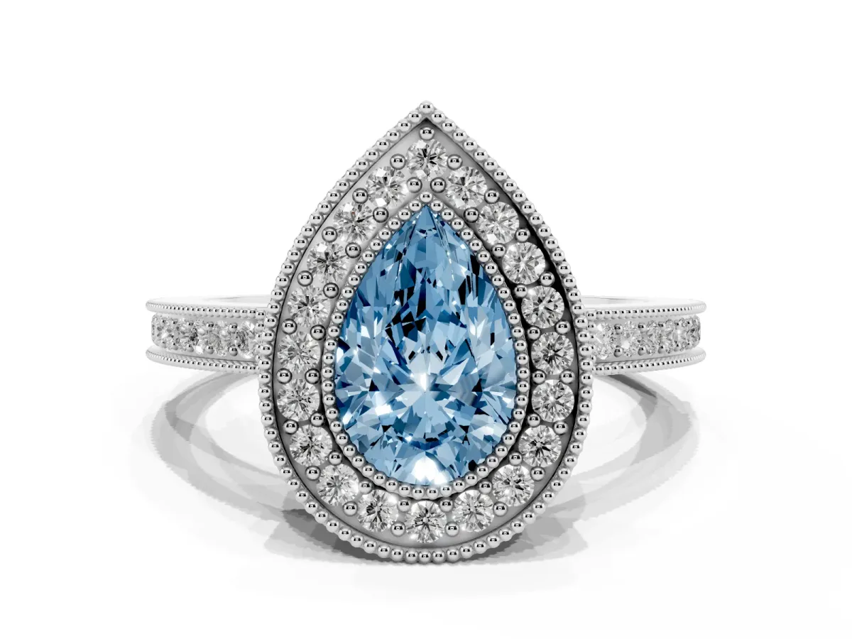 Fancy Blue Pear Cut Cut Halo Diamond Ring with Pavé Band and Milgrain Prong Setting Silver
