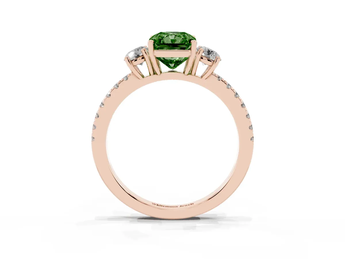 Fancy Green Three-Stone Radiant Cut Cut Diamond Pavé Band with Prong Setting Rose gold