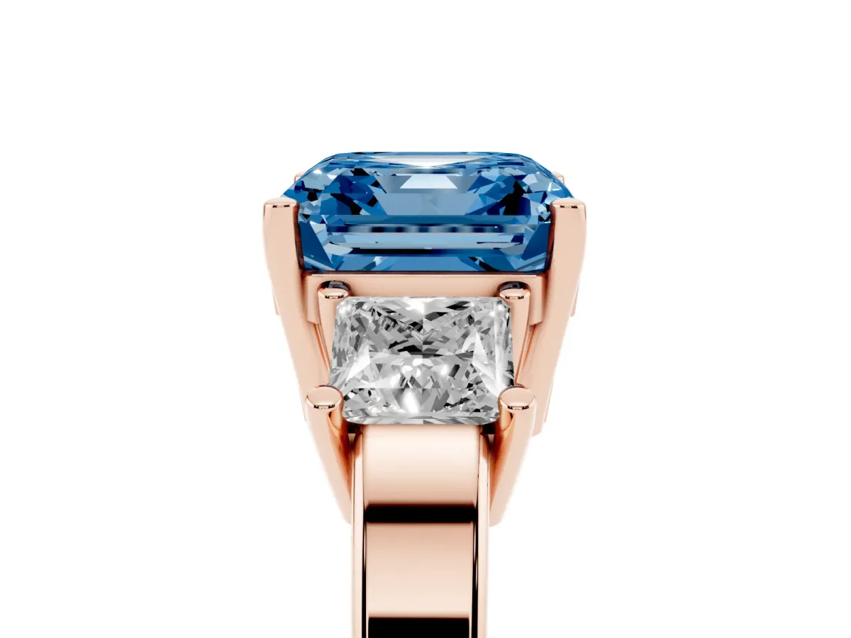 Fancy Blue Three-Stone Asscher Cut Cut Solitaire Ring with Prong Setting Rose gold