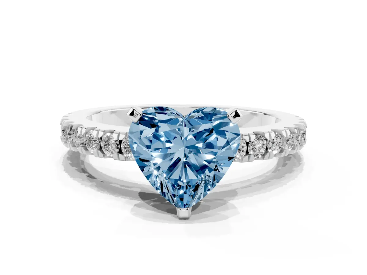Fancy Blue Heart Cut Solitaire Diamond with Pavé Band and Four-Prong Setting Silver